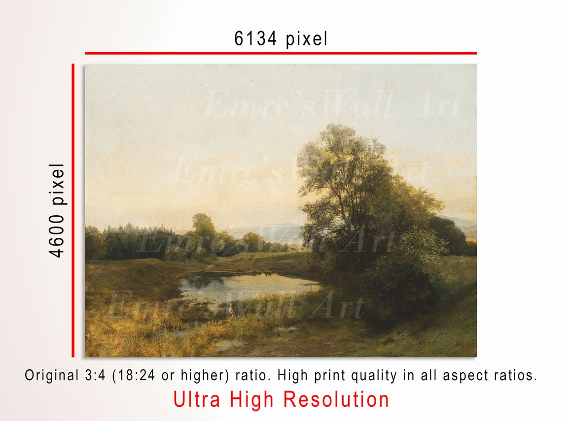 Lake Oil Painting Vintage Landscape Country Decor Muted Green Landscape Print Vintage Farmhouse Painting Green Nature Print - Image 3