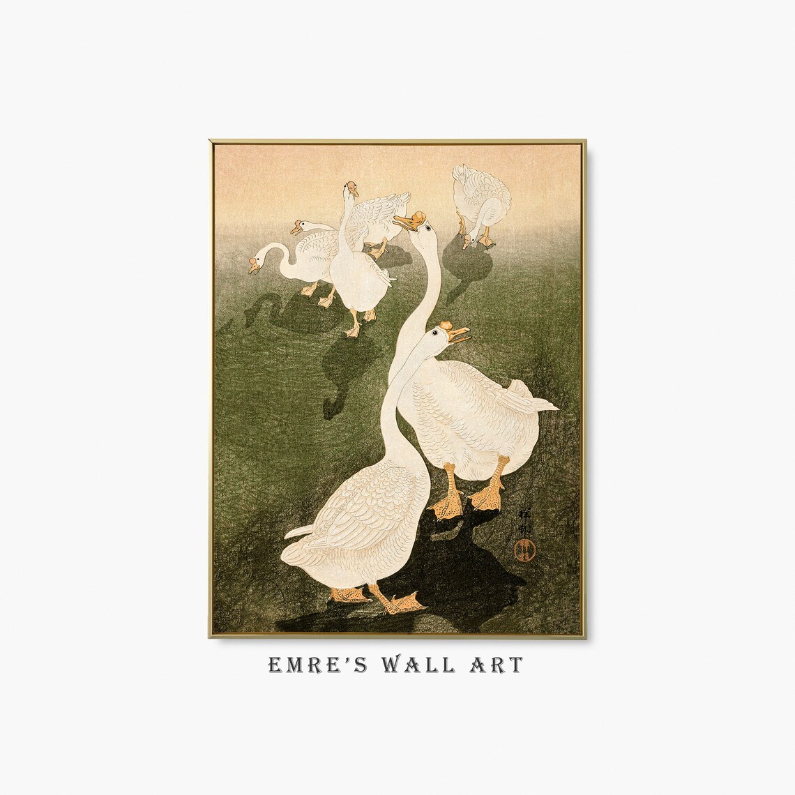 White Geese Japanese Woodblock Art Style Vintage Waterfowl Poster