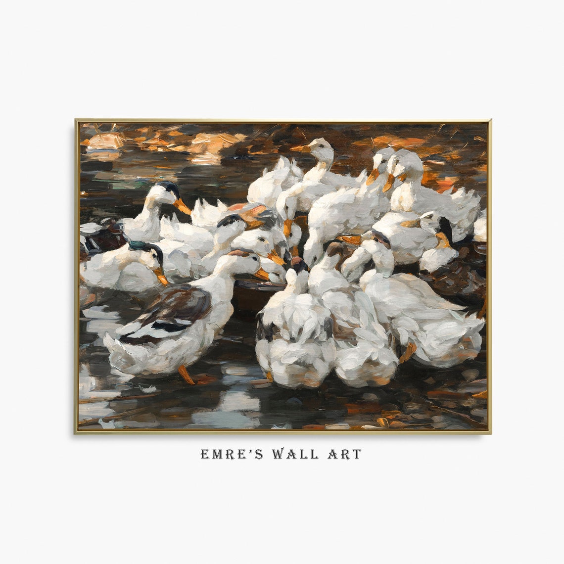 White Ducks Flock Farm Pond Vintage Country Oil Painting Poster