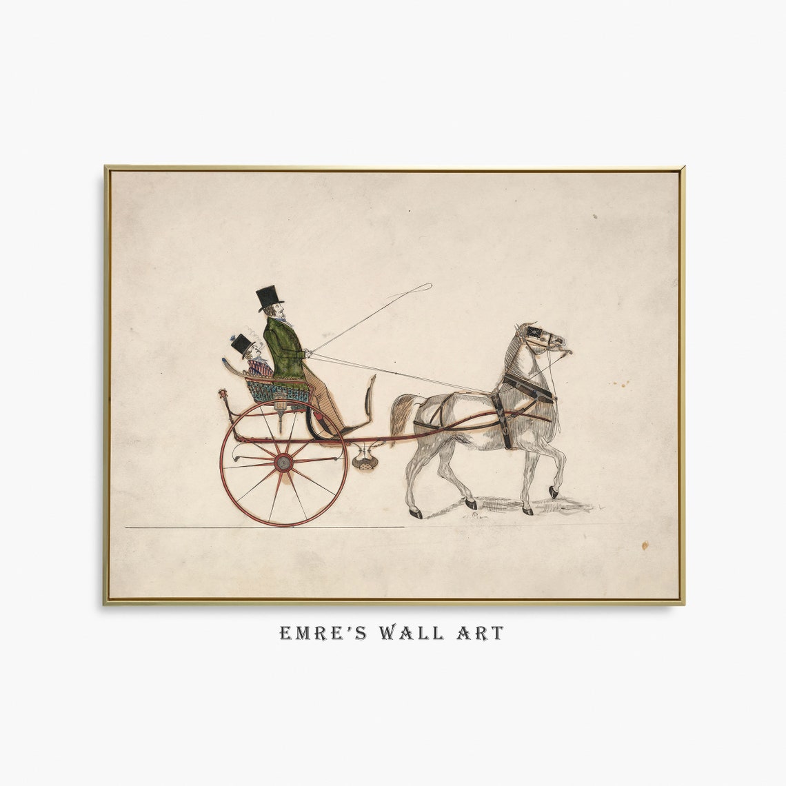 Horse Drawn Carriage with Top Hat Driver Vintage Engraving Art Poster