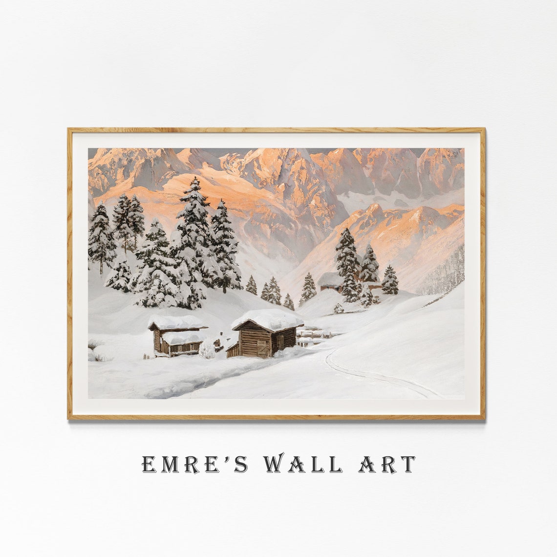 Alpine Cabins Snow Alpenglow Mountain Winter Landscape Painting Poster - Image 3
