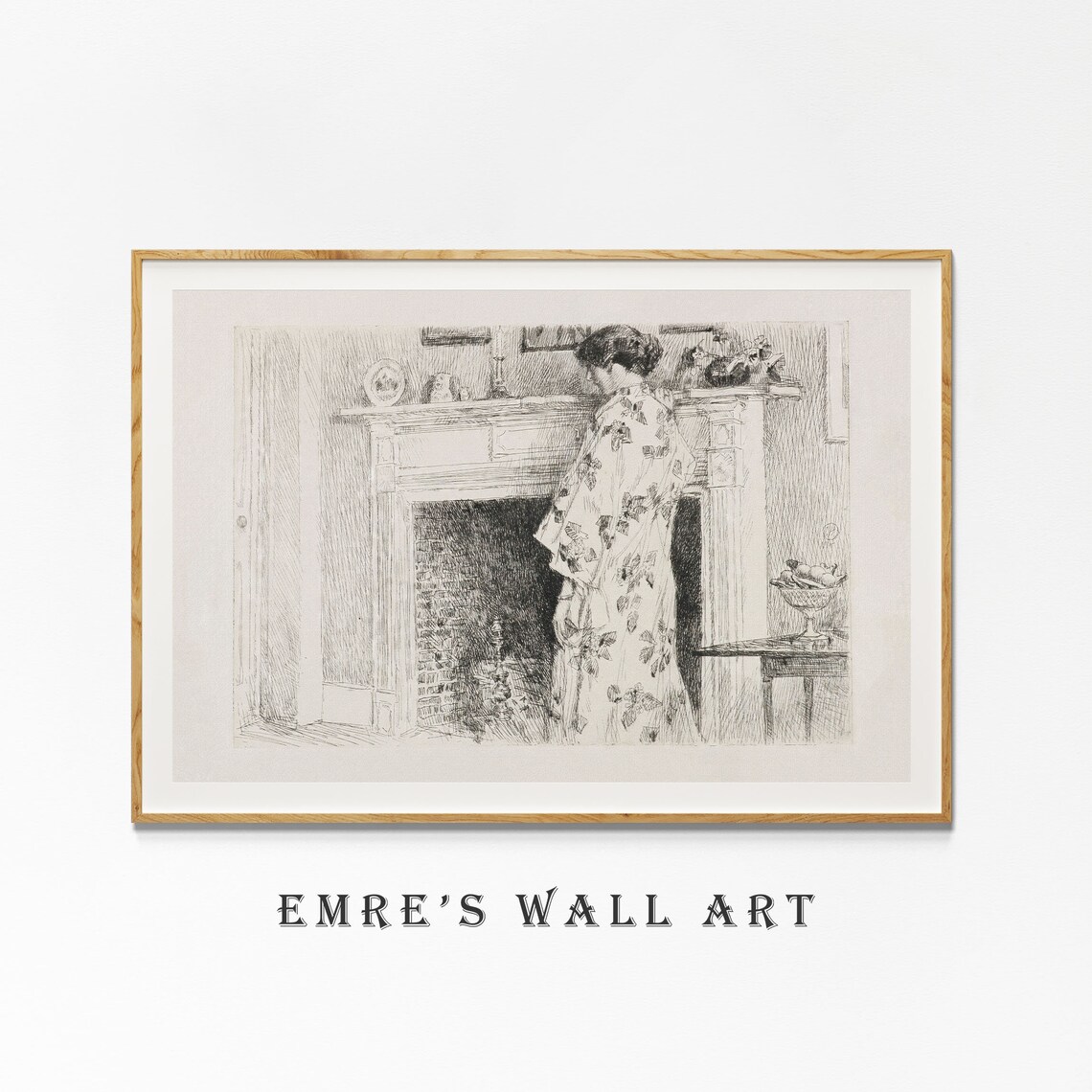 Woman By The Fireplace Antique Pencil Sketch Vintage Interior Print - Image 4
