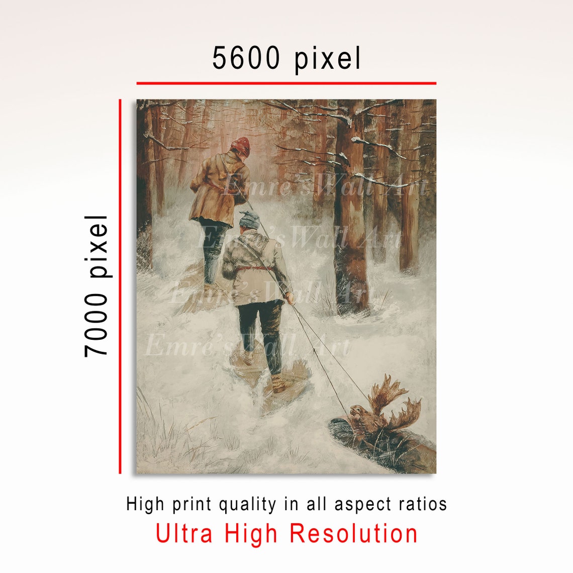 Winter Deer Hunt Snowshoe Hunters Pine Forest Vintage Scene Poster - Image 3