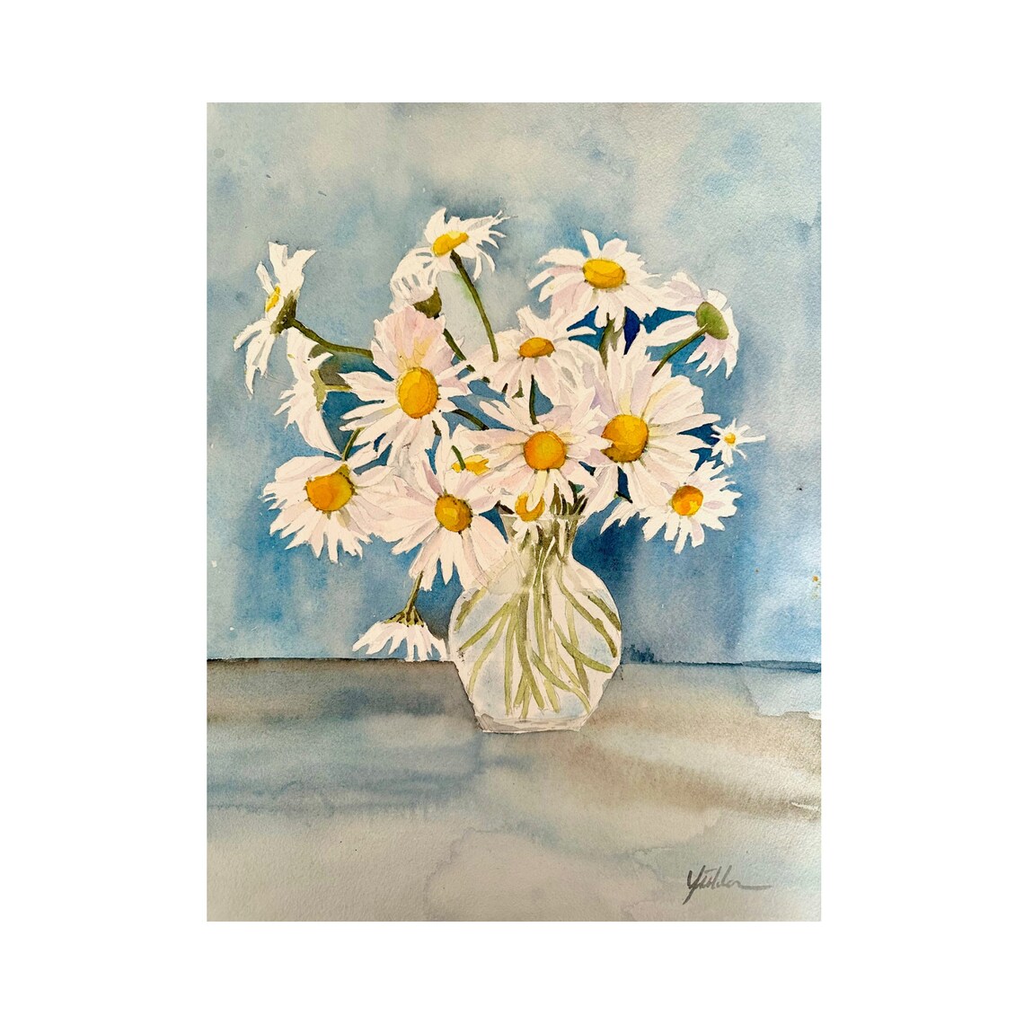 White Daisies in Glass Vase Watercolor Floral Still Life Poster