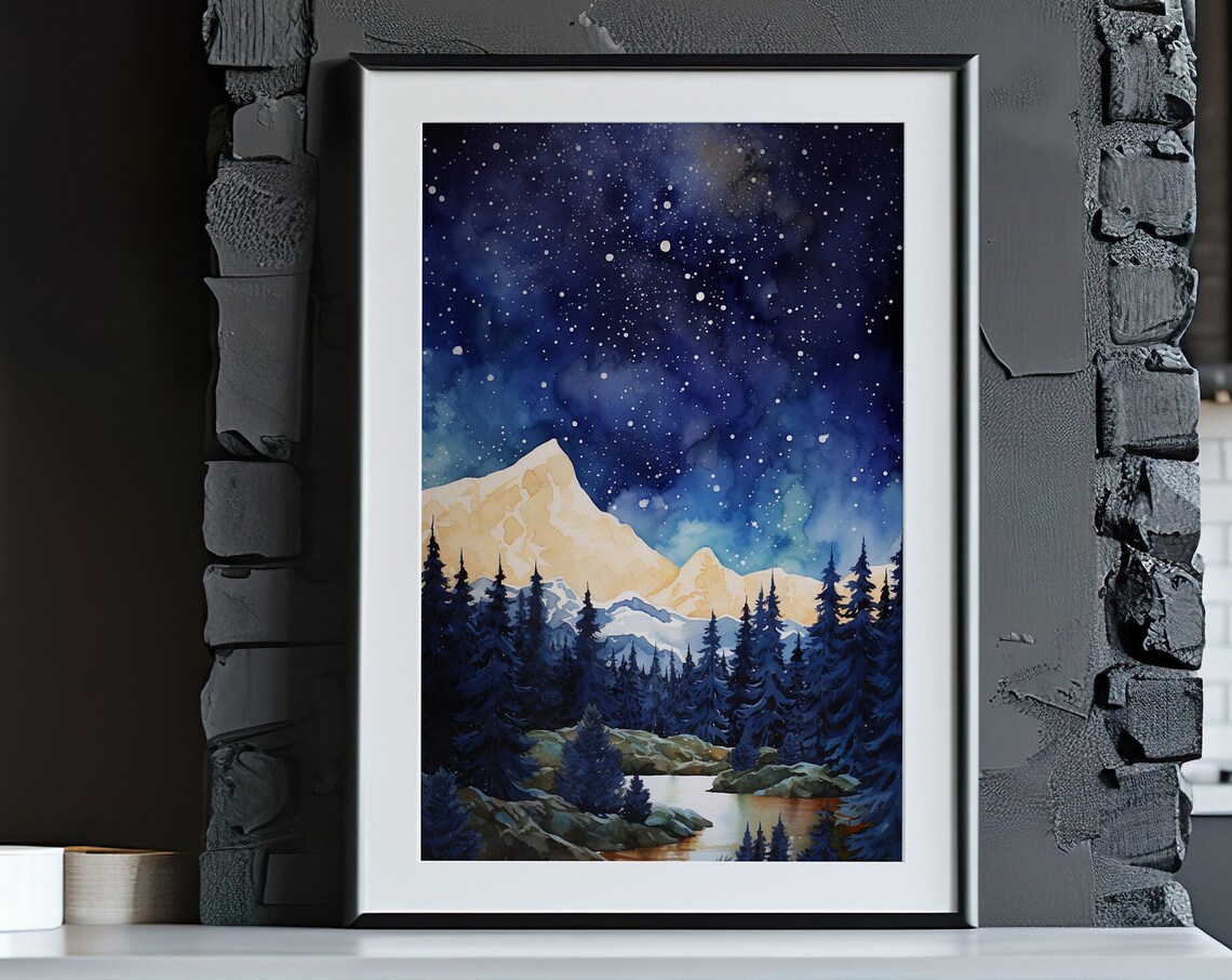Milky Way Starry Night Sky Over Pine Mountains Watercolor Poster - Image 5