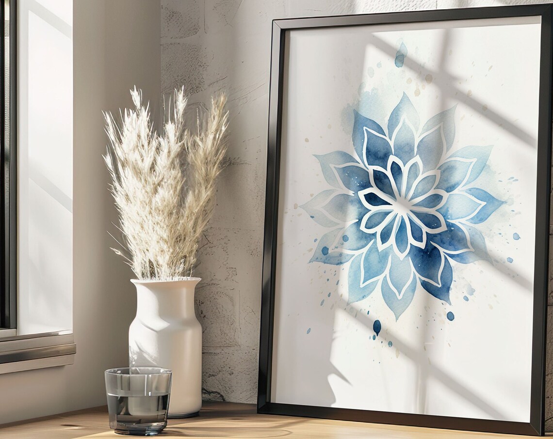 Blue Lotus Mandala Watercolor White Line Yoga Zen Wall Poster - Image 5