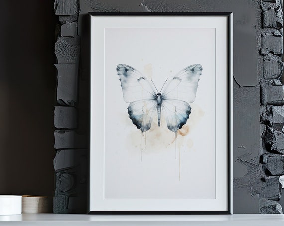 White Butterfly Painting Wall Art Poster Gift Watercolor Colorful Painting Illustration Nature Minimalist Decor Beach House