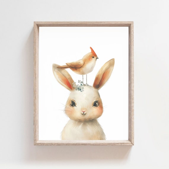 Bunny Wall Art Nursery Rabbit Decor White Background Baby Animal Watercolor Bunny Cute Woodland Wall Decor