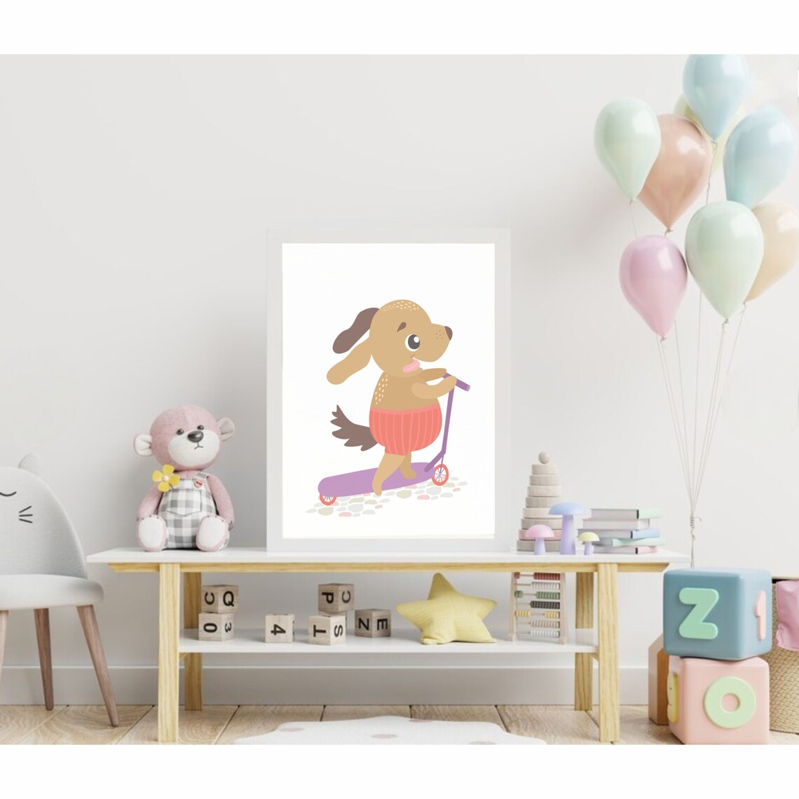 Cute Dog Riding Purple Scooter Cartoon Kids Room Playroom Fun Wall Art - Image 2