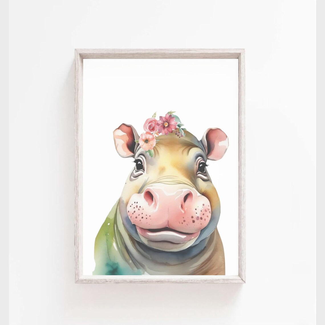 Adorable Baby Hippo Flower Crown Watercolor Nursery Art Poster
