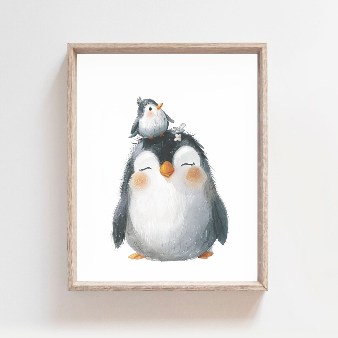 Fluffy Penguin With Baby Bird On Head Watercolor Arctic Nursery Kids Poster