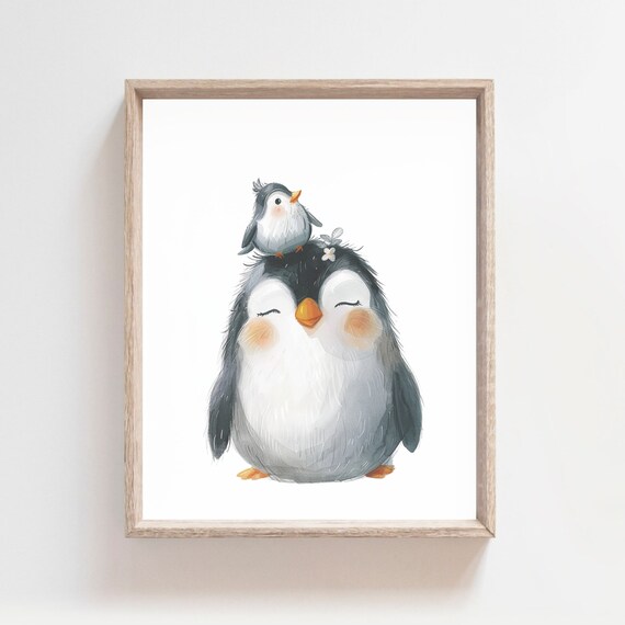 Fluffy Penguin With Baby Bird On Head Watercolor Arctic Nursery Kids Poster