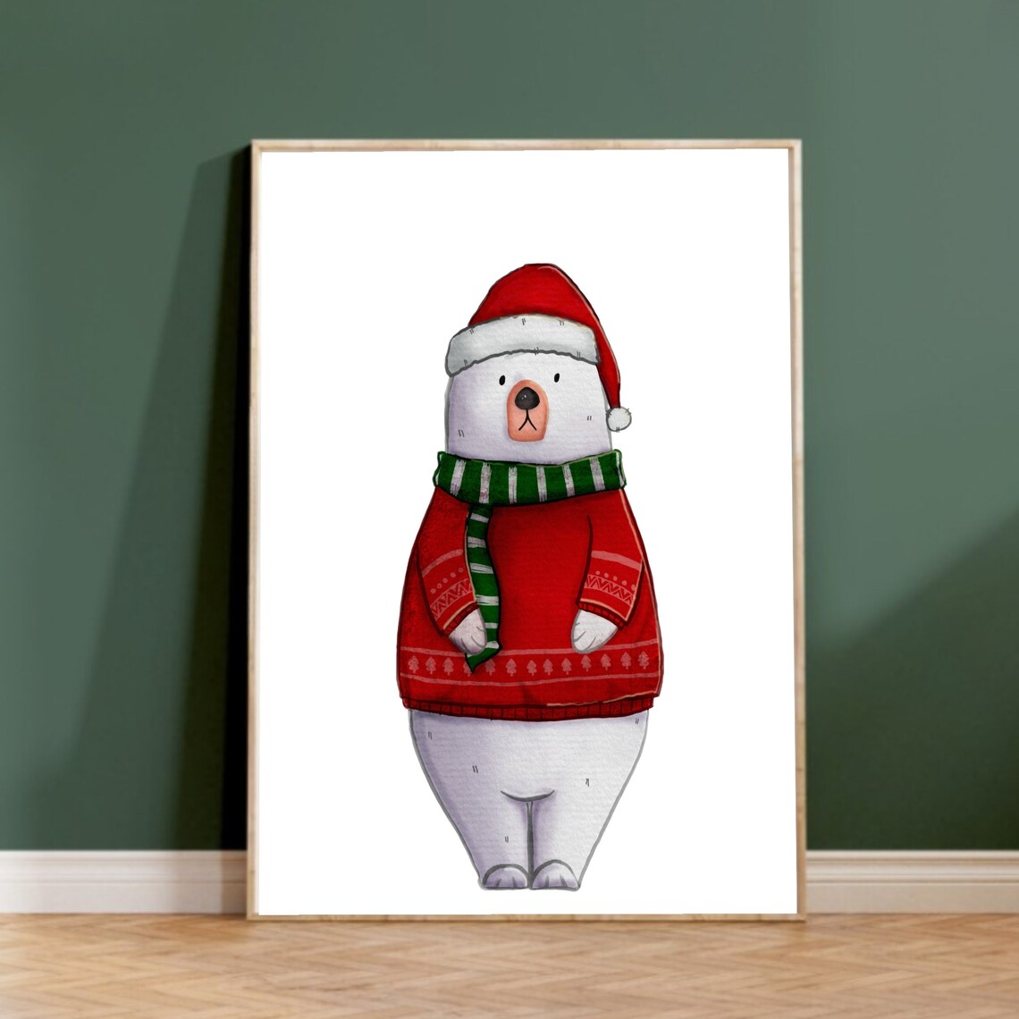 Polar Bear In Red Sweater And Santa Hat Christmas Holiday Poster