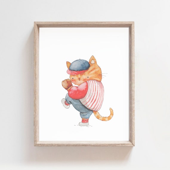 Baseball Print Sport Nursery Sport Animals Baseball Artwork Baseball Wall Art Children Room Decor Watecolor Wall Print Cat Poster