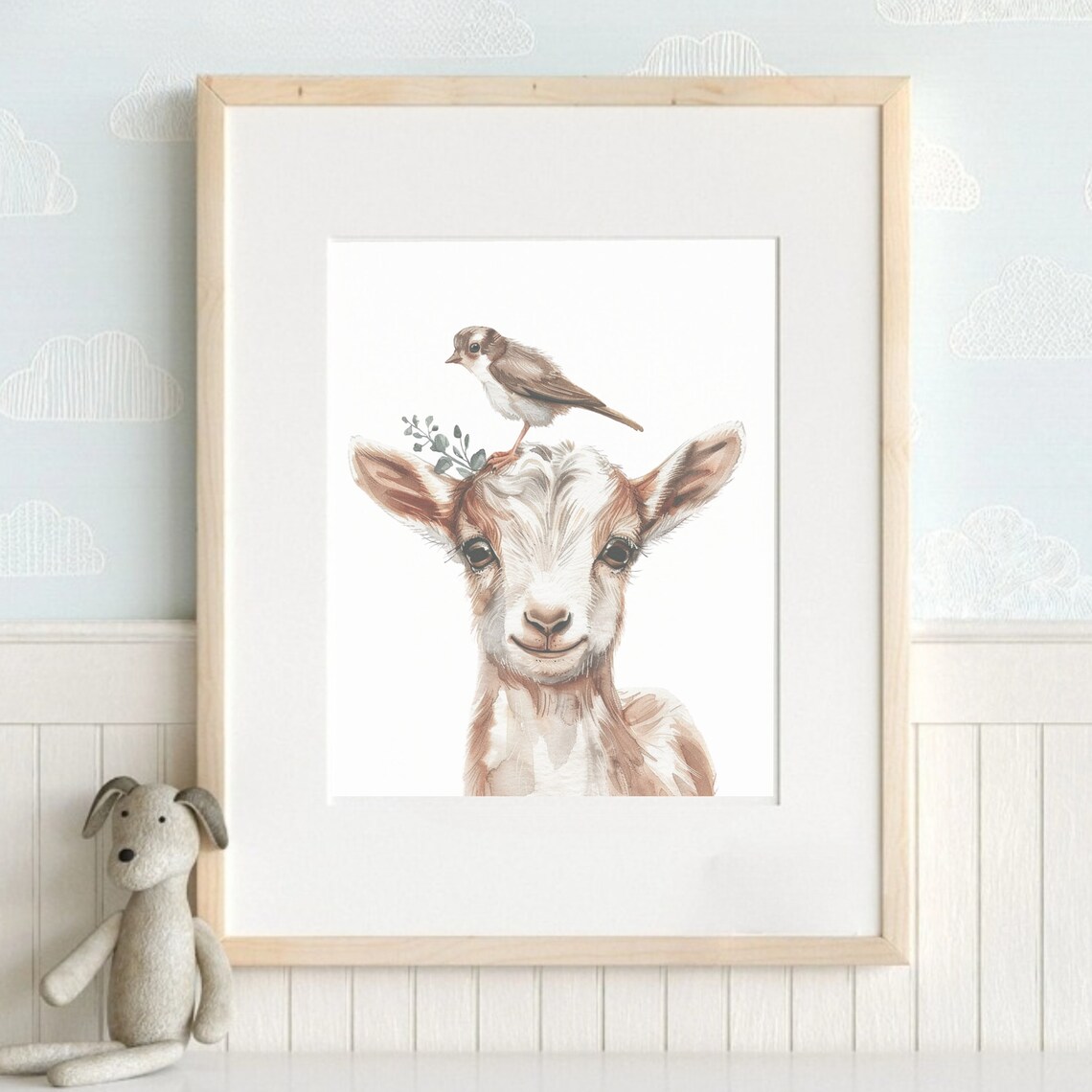 Baby Goat With Bird On Head Watercolor Farm Animal Nursery Kids Room Poster - Image 2