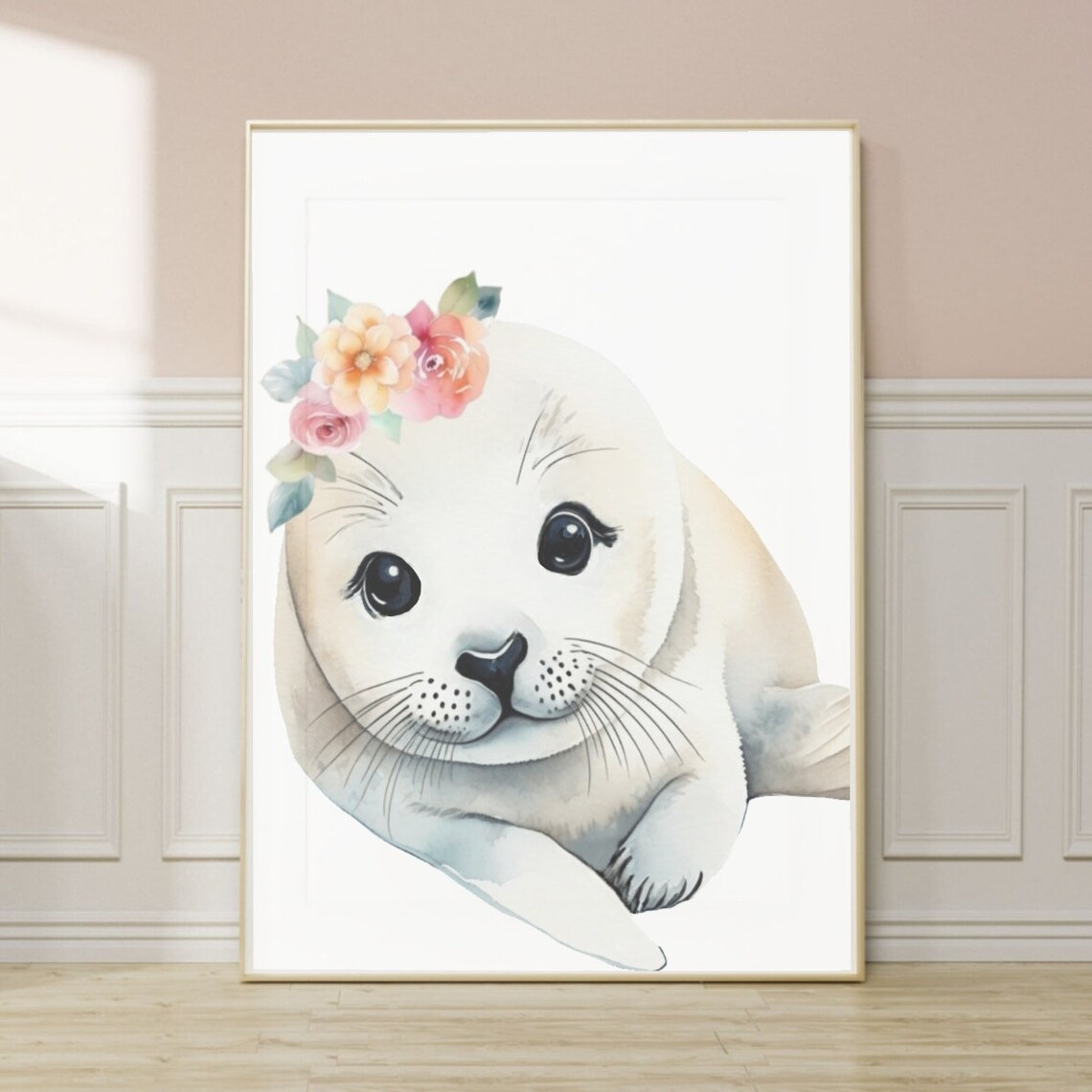 White Baby Seal Pup With Flower Crown Arctic Nursery Watercolor Poster - Image 2