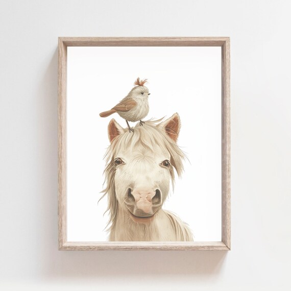 White Horse Head With Tiny Bird Perched On Top Watercolor Poster