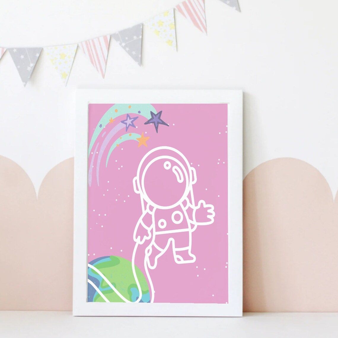 Pink Space Astronaut Stars Pastel Nursery Girls Kids Room Poster - Image 2
