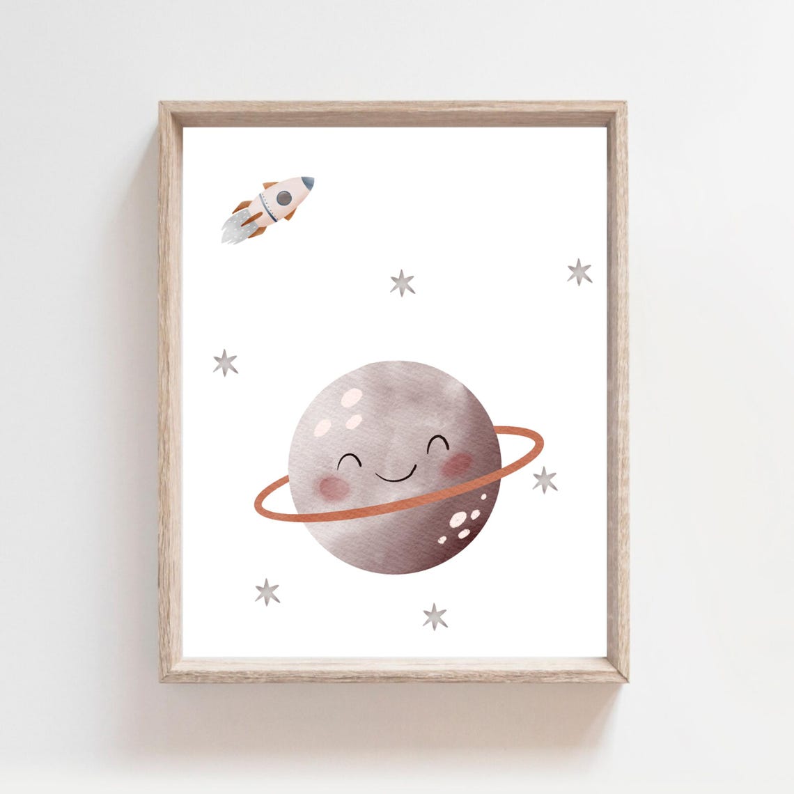 Smiling Ringed Planet with Rocket Watercolor Space Nursery Wall Poster - Image 2