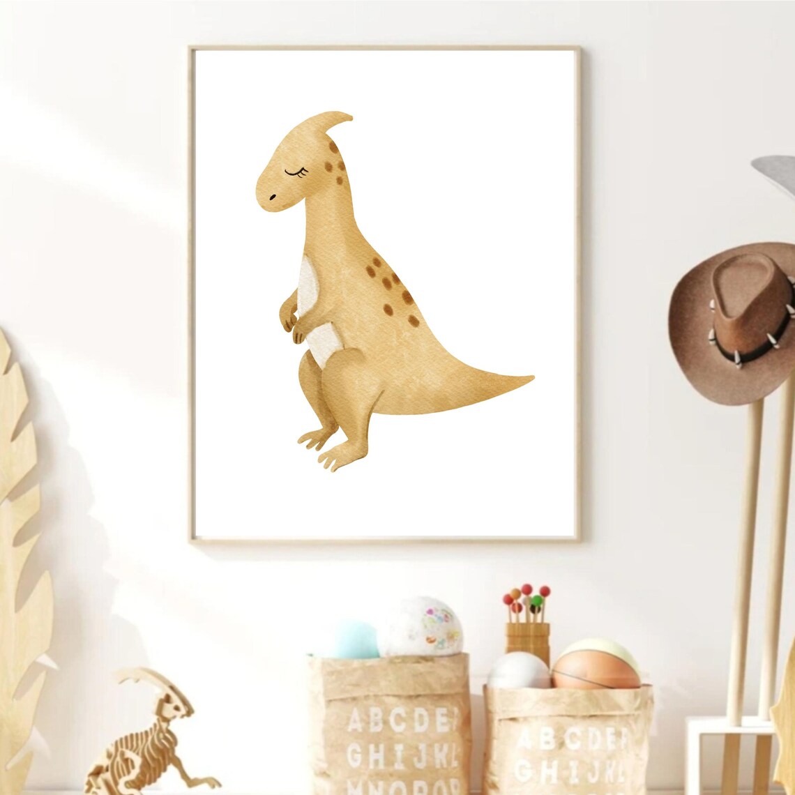 Standing Tan Parasaurolophus Watercolor Dinosaur Nursery Poster - Image 2