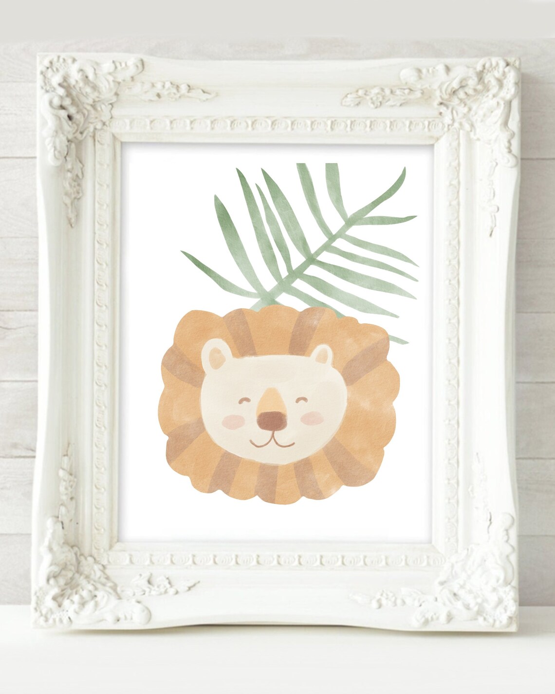 Cute Baby Lion Face Palm Leaf Watercolor Nursery Art Poster Room - Image 2