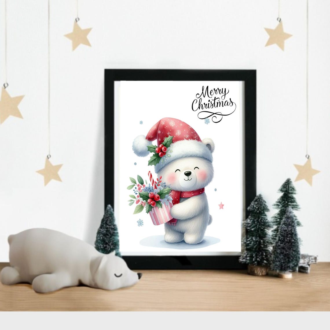 Polar Bear In Santa Hat Holding Christmas Bouquet Holiday Poster - Image 2