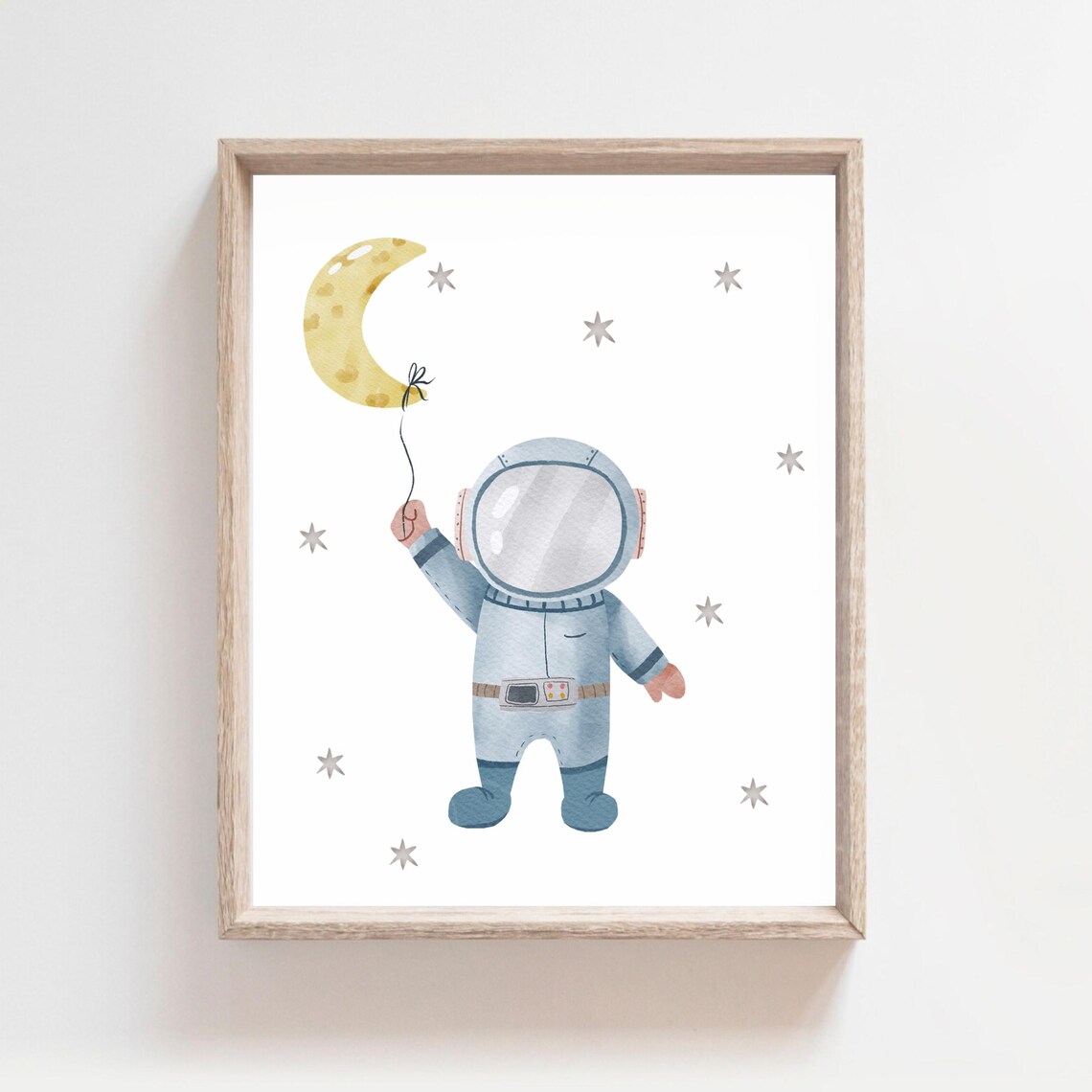 Astronaut Holding Moon Balloon Watercolor Outer Space Nursery Art Poster
