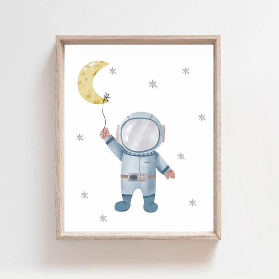 Astronaut Holding Moon Balloon Watercolor Outer Space Nursery Art Poster