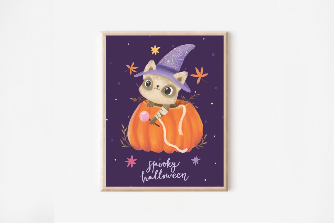 Spooky Halloween Kitten Witch Pumpkin Watercolor Kids Art Poster