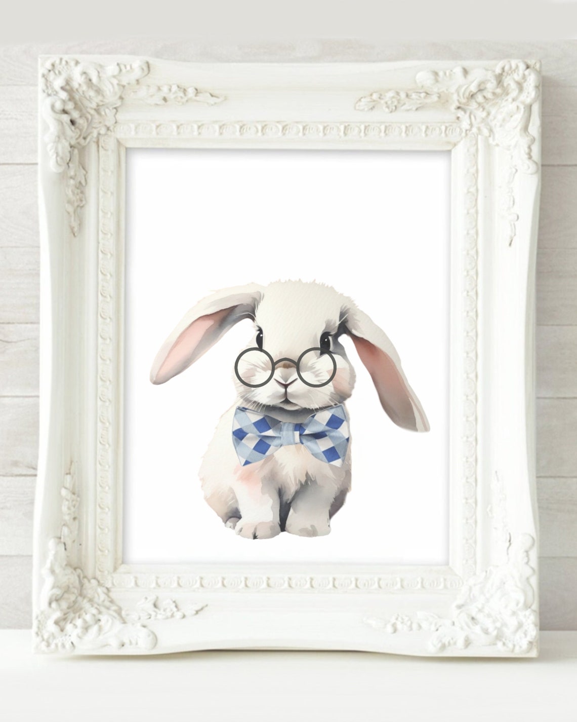 Cute Lop Bunny Glasses Blue Gingham Bow Tie Watercolor Nursery Poster - Image 2