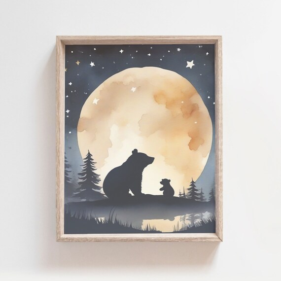 Mama Bear and Cub Moonlit Night Silhouette Nursery Wall Poster