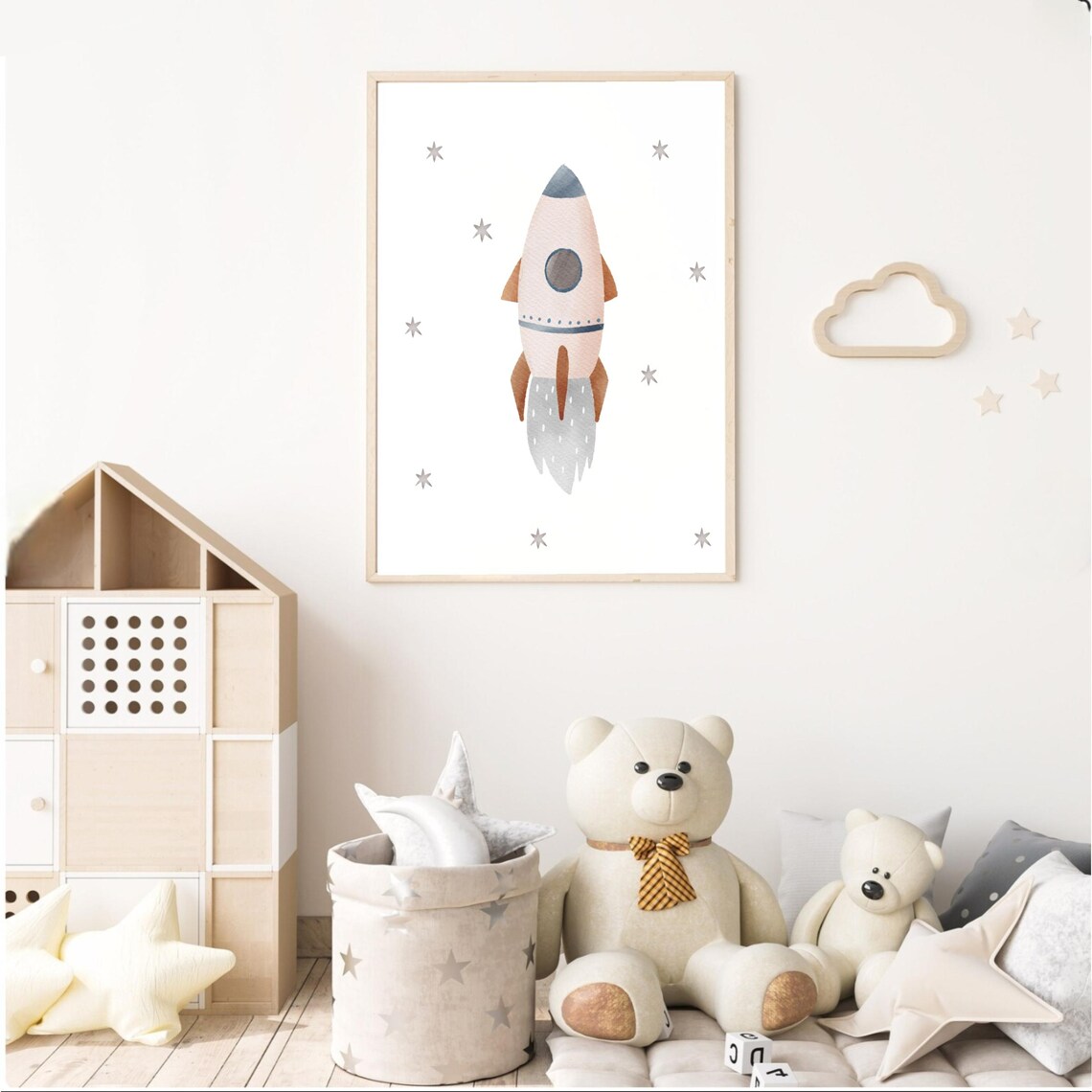 Watercolor Rocket Ship with Stars Outer Space Nursery Wall Decor Poster - Image 2