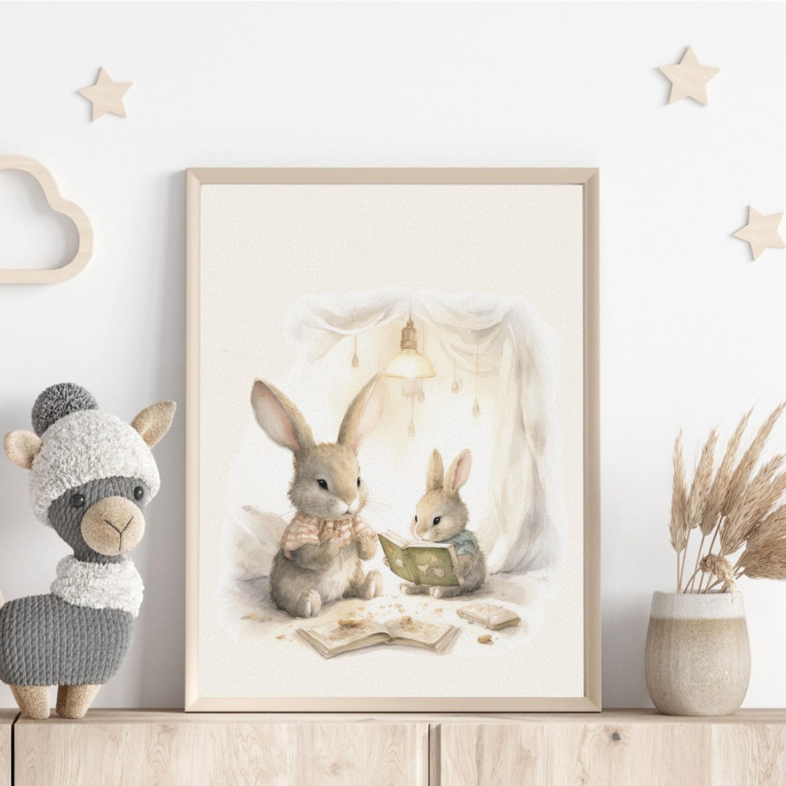 Two Bunnies Reading Books Together Under Warm Lamp Light Poster - Image 2