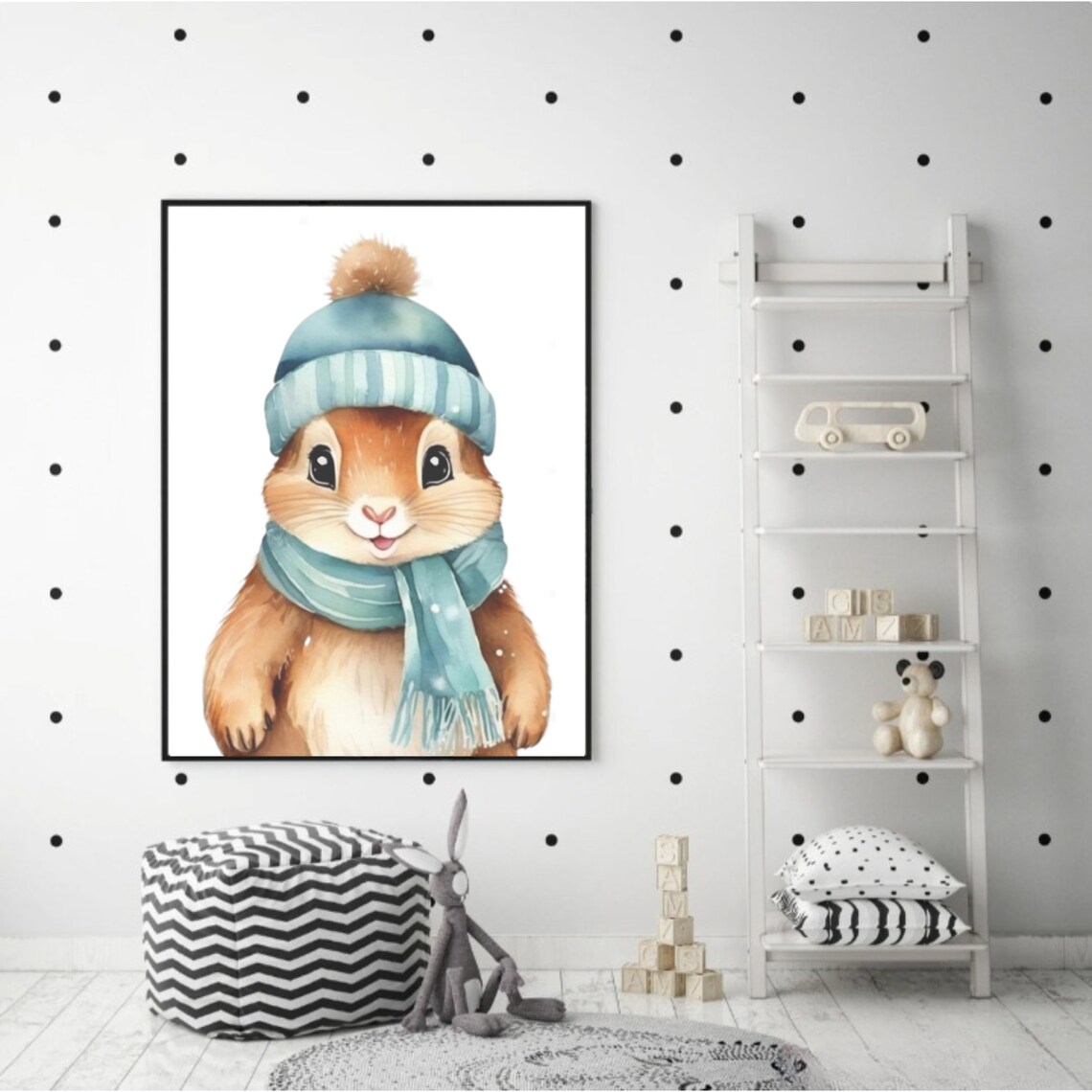 Cute Squirrel in Winter Hat and Scarf Watercolor Nursery Poster - Image 2
