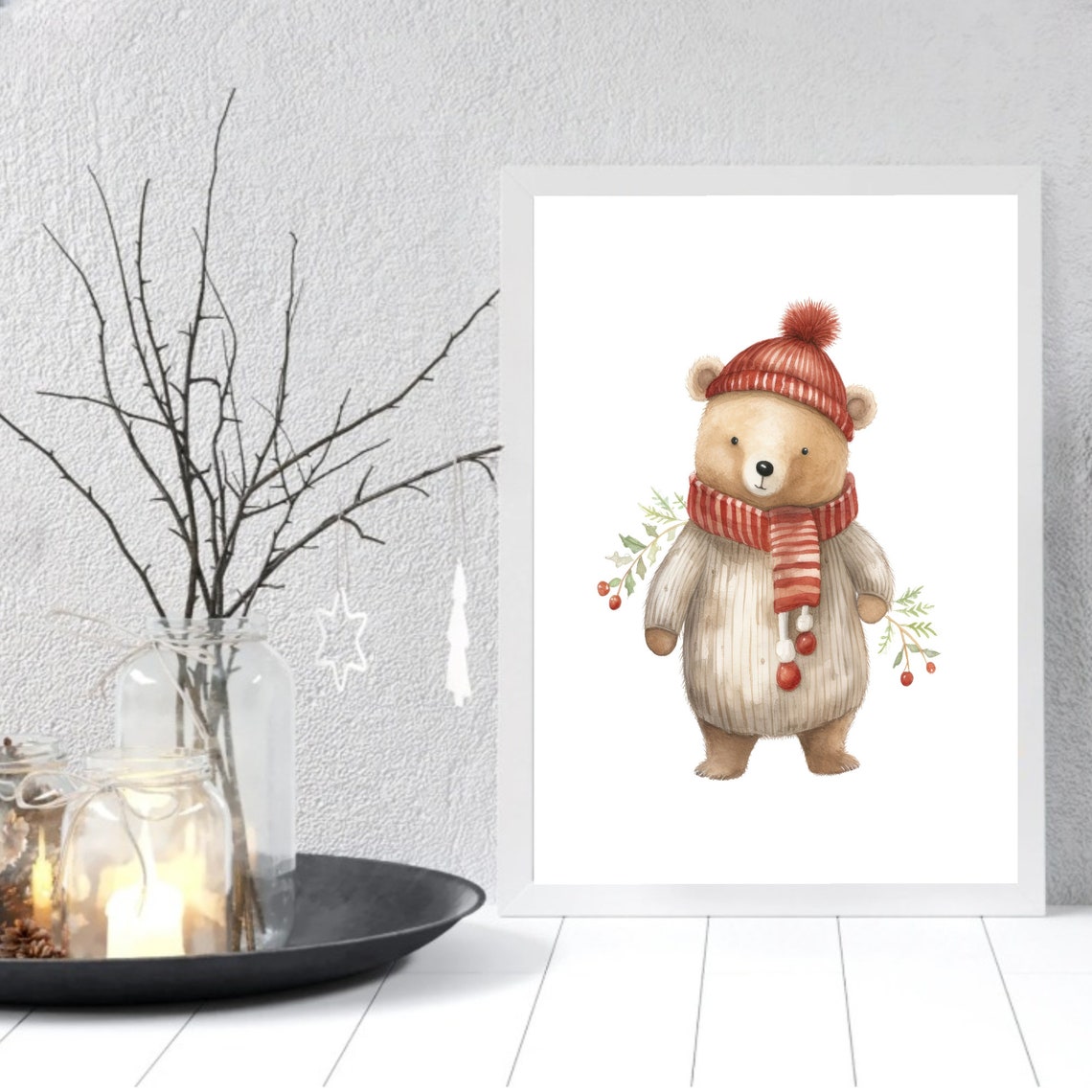 Bear In Cream Knit Sweater With Berry Branches Winter Poster - Image 2