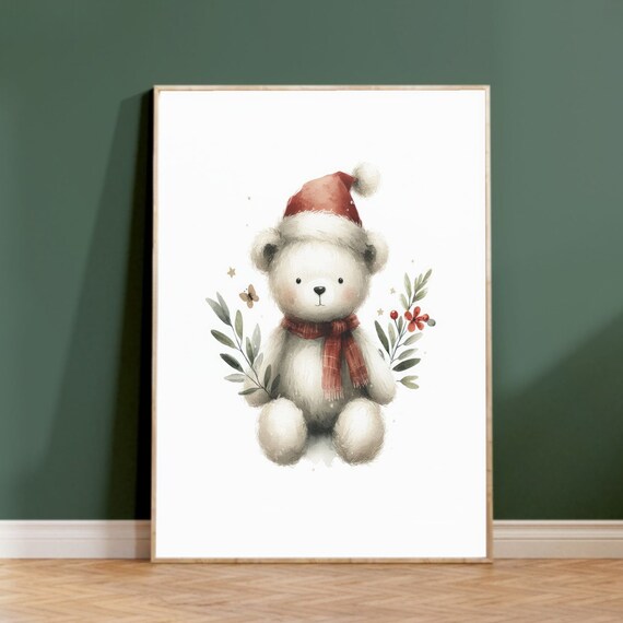 Christmas Print Holiday Bear Christmas Decor Home Decor Watercolor Art Wall Art Holiday Poster Kids Art Cute Bear