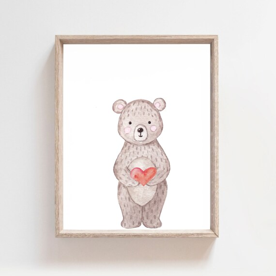 Cuddly Bear Holding Red Heart Soft Watercolor Nursery Poster