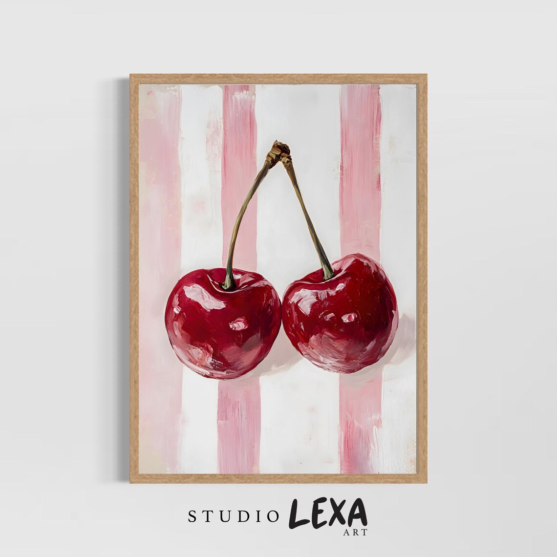 Glossy Red Cherries Oil Painting Pink Striped Summer Kitchen Art Poster