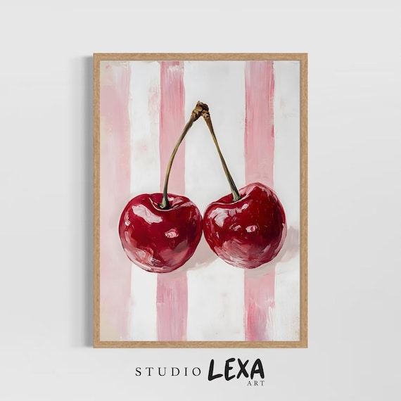 Glossy Red Cherries Oil Painting Pink Striped Summer Kitchen Art Poster
