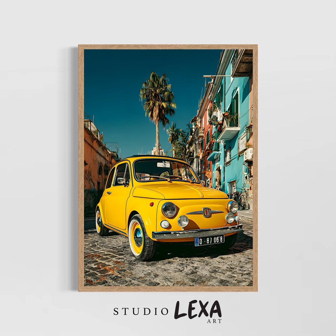 Yellow Vintage Fiat 500 Poster Italian Street Classic Car Scene