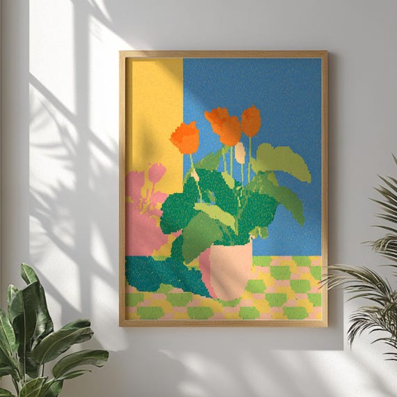 Modern Floral Painting Tulip Wall Art Print Colorful Vase Artwork Abstract Flower Decor Botanical Spring Home