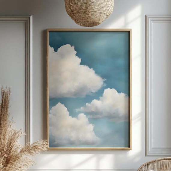 Teal Blue Sky Fluffy White Clouds Dreamy Calm Minimalist Wall Art