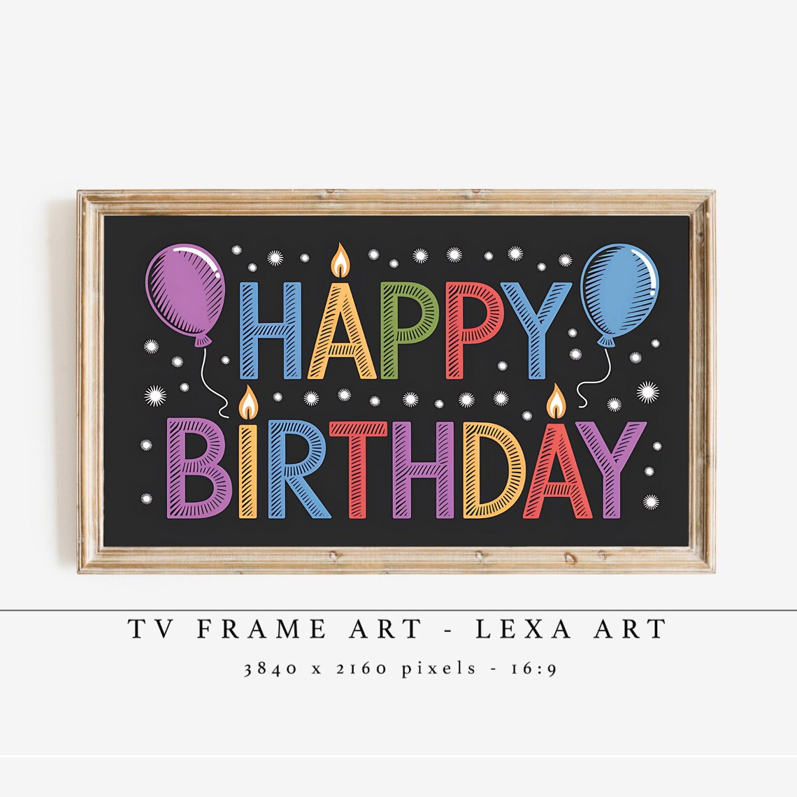 Happy Birthday Chalk Lettering with Balloons TV Frame Art Poster
