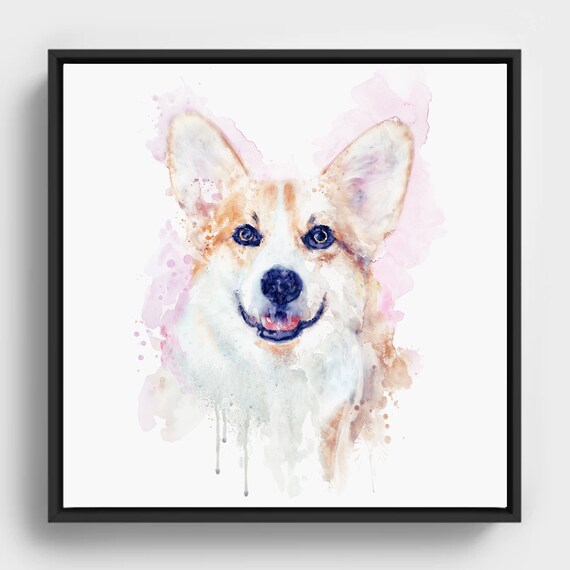 Corgi Watercolor Portrait Smiling Pink Splash Playful Dog Art Poster