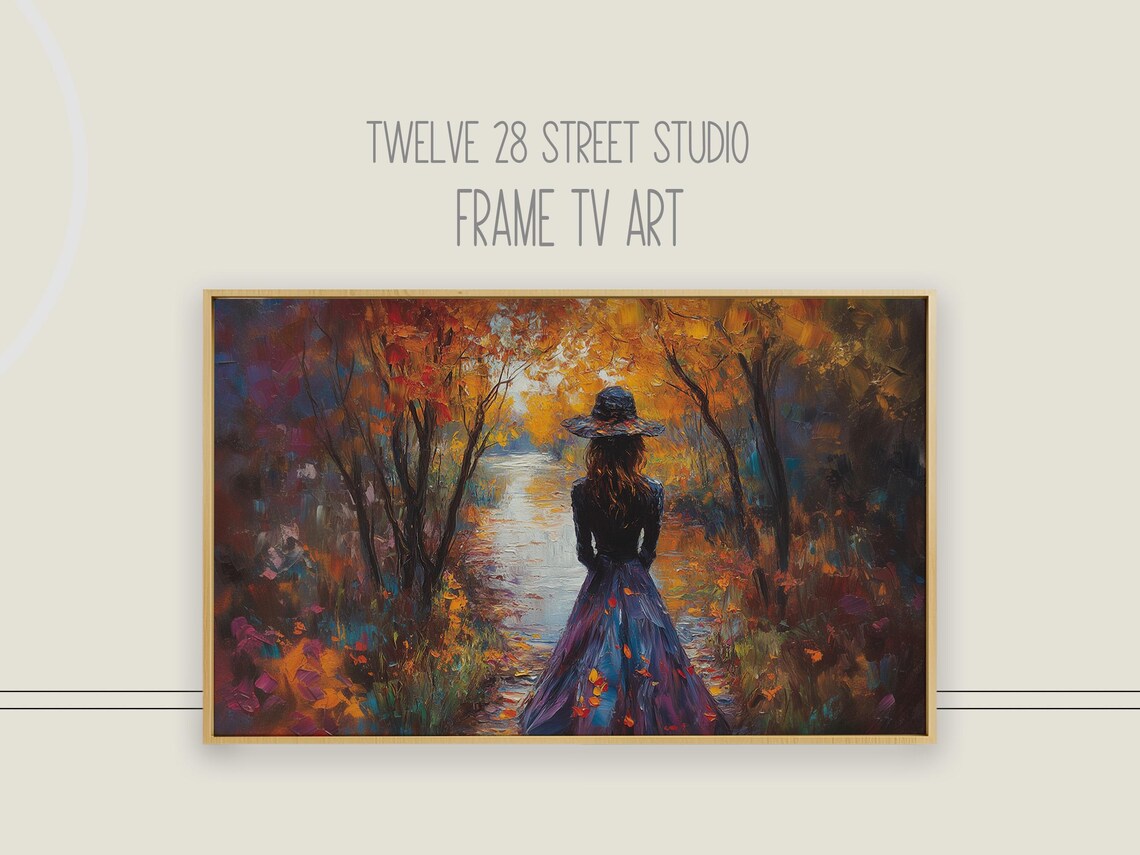 Woman in Autumn Forest Golden Leaves Path Vintage Style Art Print