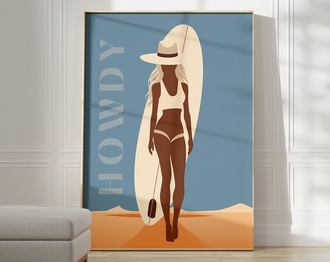 Howdy Teal Surfer Silhouette Coastal Cowgirl Beach Scene Poster