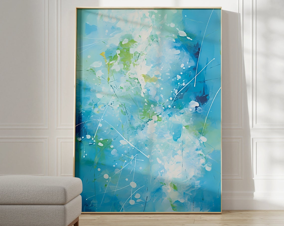 Teal Blue and Green Abstract Splatter Modern Painting Art Poster