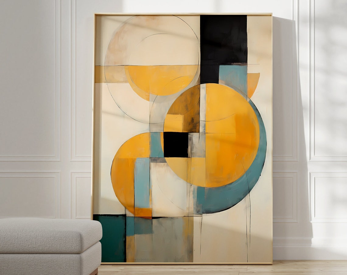 Bauhaus Geometric Circles Ochre Teal Black Mid Century Art Poster