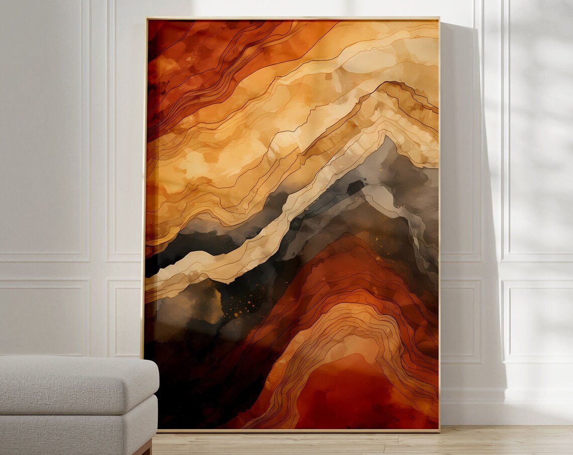 Amber Mountain Contour Lines Topographic Abstract Watercolor Poster