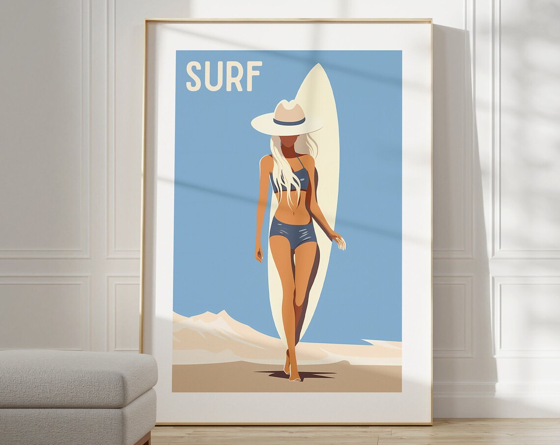 Surf Blonde Surfer Girl Beach Retro Illustration Style Art Poster